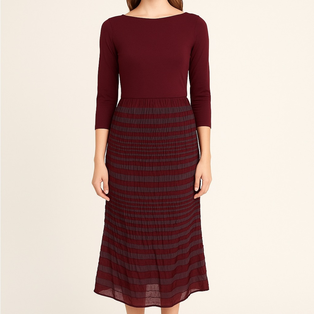 Three Dots Burgundy Knit & Striped Silk Blend Midi Dress Size M